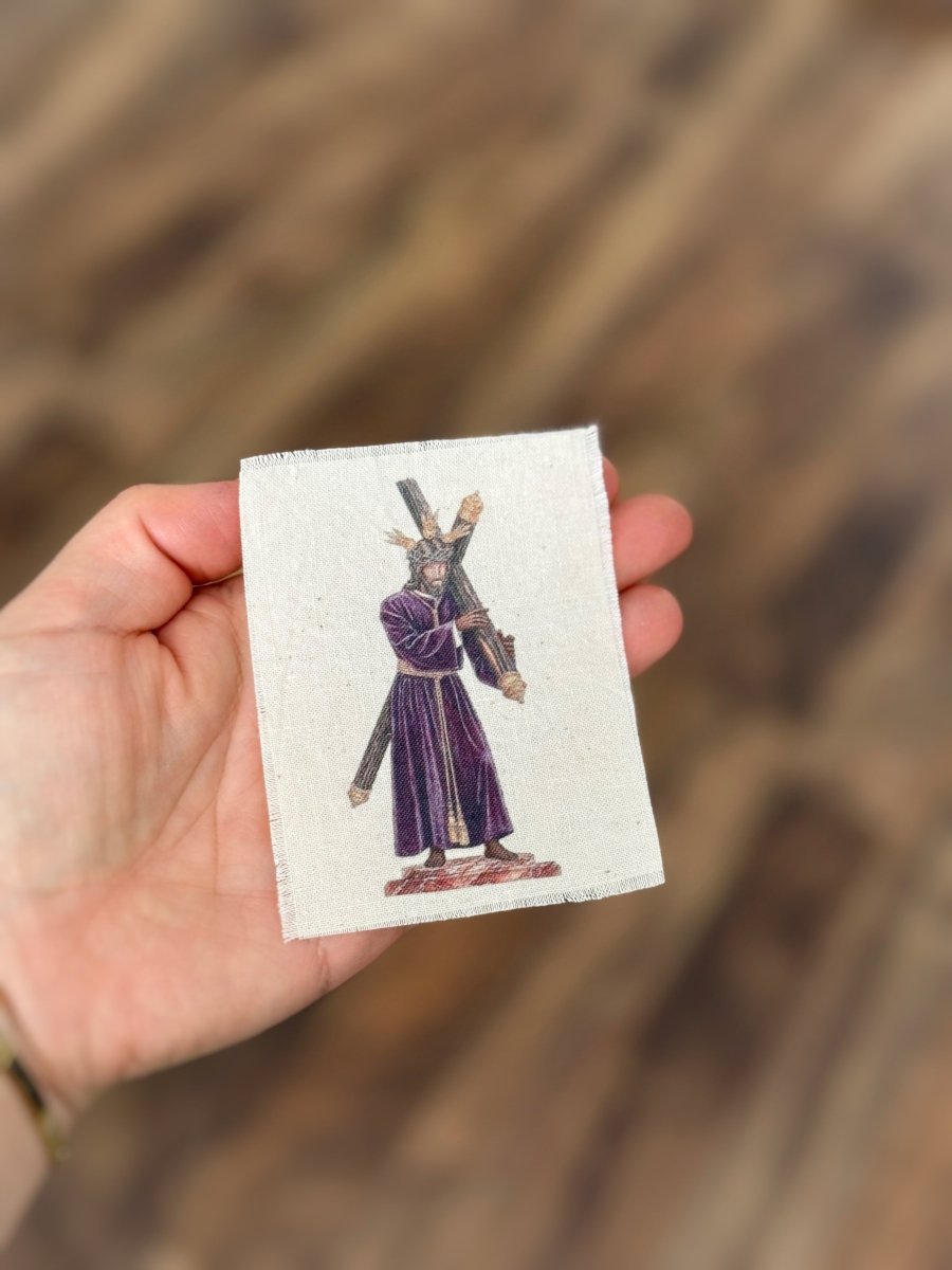 Foto en tela de algodón formato estampita del Cristo de los Gitanos de Sevilla