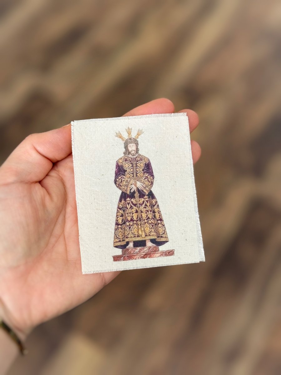 Foto en tela de algodón formato estampita del Cristo de la Sentencia de la Macarena de Sevilla