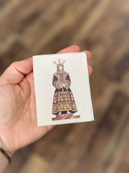 Foto en tela de algodón formato estampita del Cristo de la Sentencia de la Macarena de Sevilla