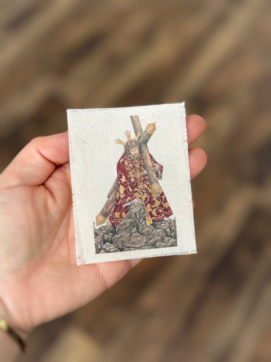 Foto en tela de algodón formato estampita del Cristo de las Tres Caídas de Triana de Sevilla