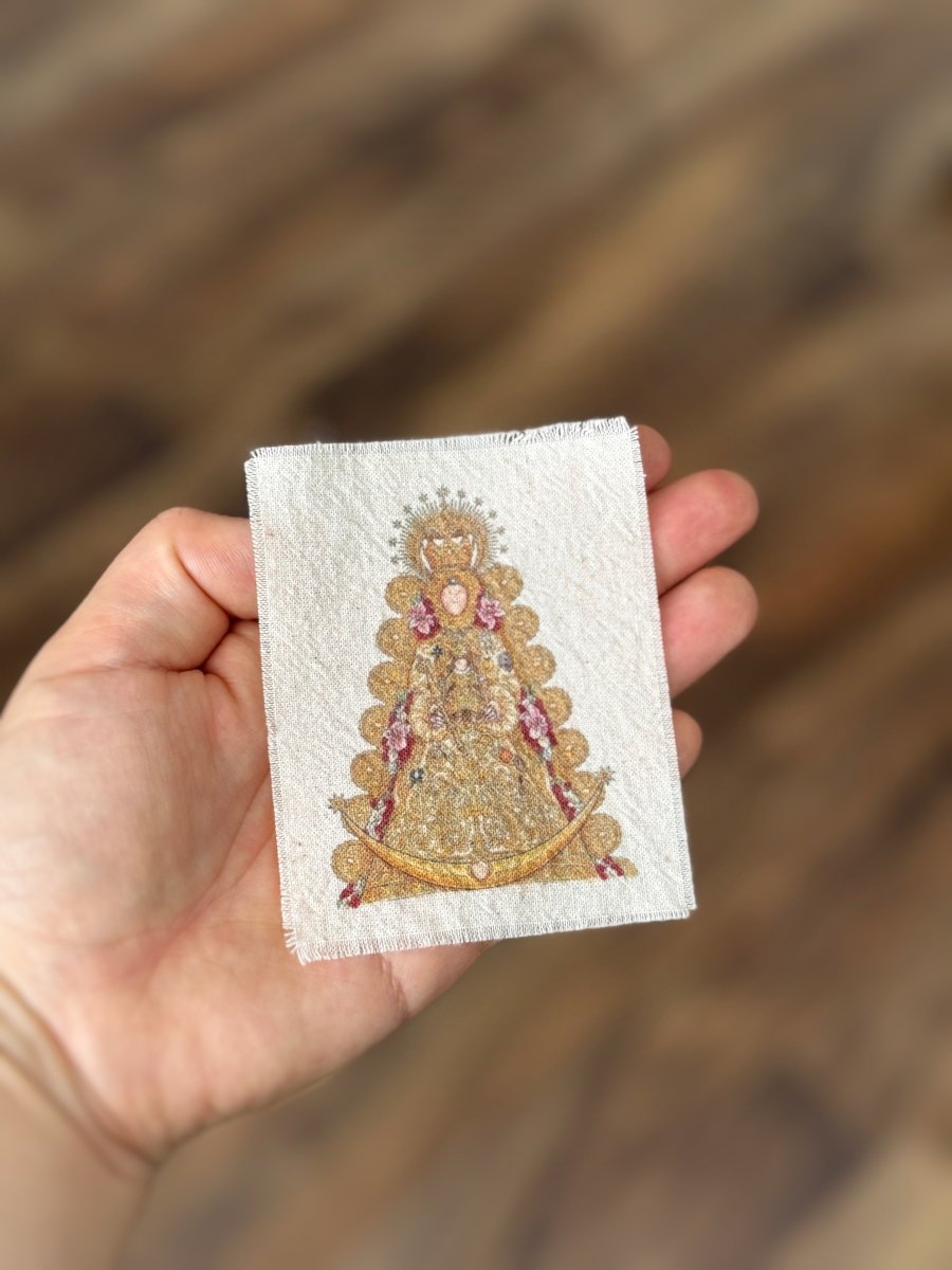 Foto en tela de algodón formato estampita de la Virgen del Rocío